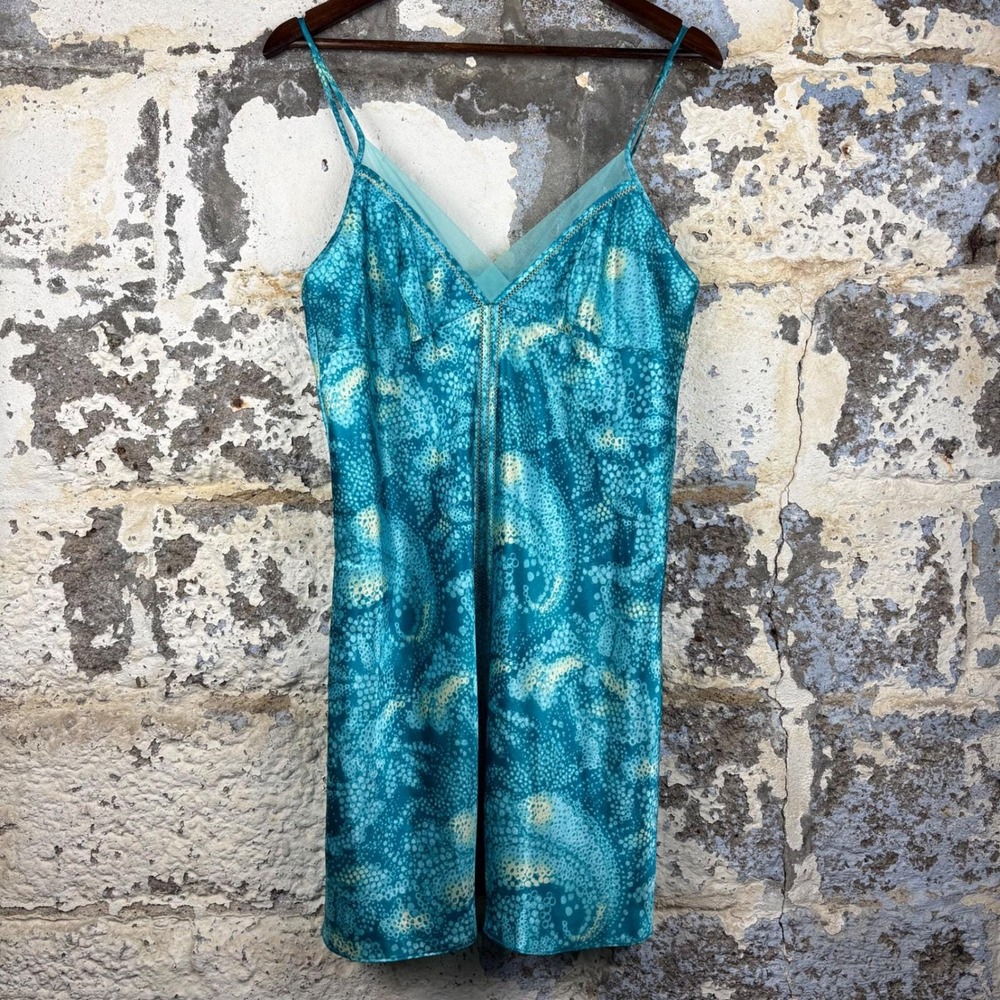 Y2K Valerie Stevens Teal Abstract Paisley Satin Chemise BabyDoll Dress Medium